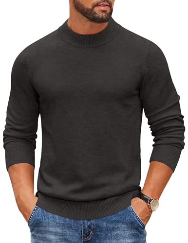 COOFANDY Herren Pullover Rundhals Langarm Rollkragenshirt Gestrickt Rollkragenpullover Mock Turtleneck Sweater Leicht Strickpullover Dunkelgrau XXL von COOFANDY