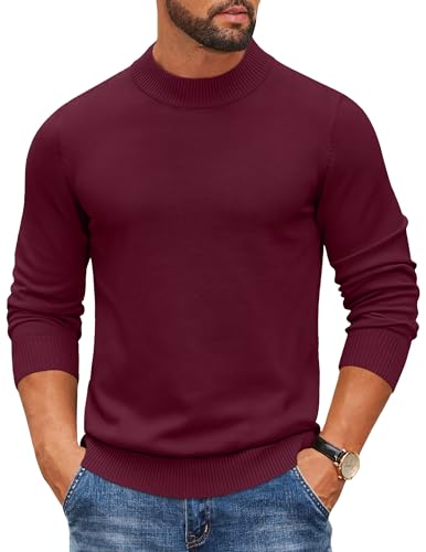COOFANDY Herren Pullover Rundhals Langarm Rollkragenshirt Gestrickt Rollkragenpullover Mock Turtleneck Sweater Leicht Strickpullover Dunkelrot M von COOFANDY