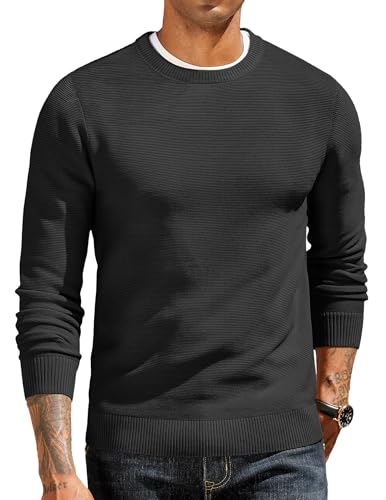 COOFANDY Herren Pullover Rundhals Strickpullover Business Pullover Männer Feinstrickpullover mit Rundhalsausschnitt Ribbed Sweater Pulli Winterpullover Basic Einfarbig Schwarz XXL von COOFANDY
