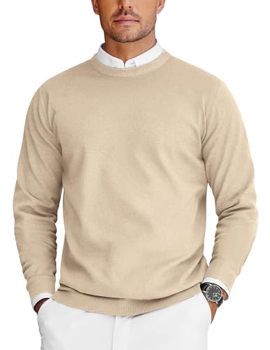 COOFANDY Herren Pullover Rundhals Strickpullover Feinstrick Sweater Langarm Sommer Pullover Dünn Ribbed Pulli Cremebeige L von COOFANDY