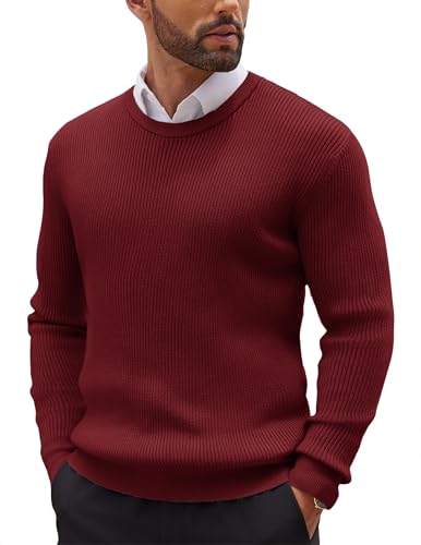 COOFANDY Herren Pullover Rundhals Strickpullover Langarm Feinstrick Sweater Pullover Langarmshirt Slim Fit Pulli Herbst Winterpullover Weinrot S von COOFANDY