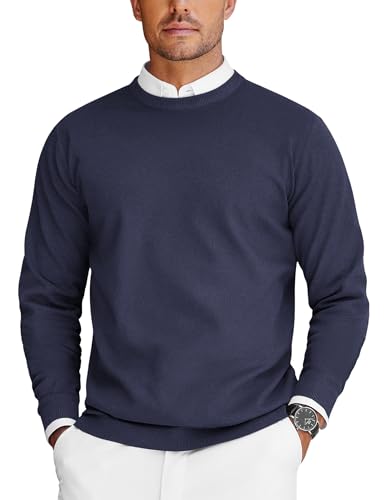 COOFANDY Herren Pullover Rundhals Strickpullover Langarm Rundhalspullover Basic Feinstrick Sweater Business Pullover Ribbed Sommer Pulli Navy Blau L von COOFANDY