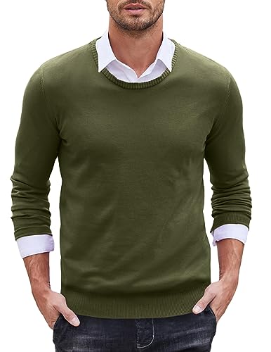 COOFANDY Herren Pullover Rundhalsausschnitt Baumwolle Strickpullover Slim fit Langarmshirt Feinstrick Sweater Basic Männer Winterpullover Business Armee Grün 2XL von COOFANDY