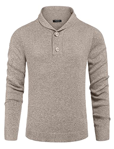 COOFANDY Herren Pullover Schalkragen Strickpullover Stehkragen Langarmshirt Männer Pulli mit Knopfleiste Winterpullover Hellkhaki M von COOFANDY