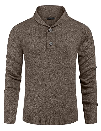 COOFANDY Herren Pullover Schalkragen Strickpullover Stehkragen Langarmshirt Männer Pulli mit Knopfleiste Winterpullover Khaki L von COOFANDY