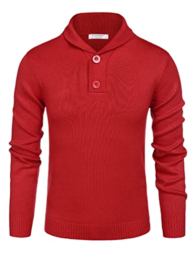 COOFANDY Herren Pullover Schalkragen Strickpullover Stehkragen Langarmshirt Männer Pulli mit Knopfleiste Winterpullover Rot S von COOFANDY