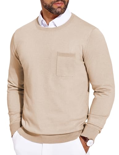 COOFANDY Herren Pullover Slim Fit Rundhals Strickpullover Business Modern Pulli mit Brusttasche Helles Koffein L von COOFANDY