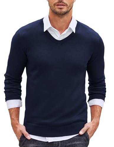 COOFANDY Herren Pullover Slim Fit V-Ausschnitt Feinstrick Sweater Schmale Passform Strickpullover Marine S von COOFANDY