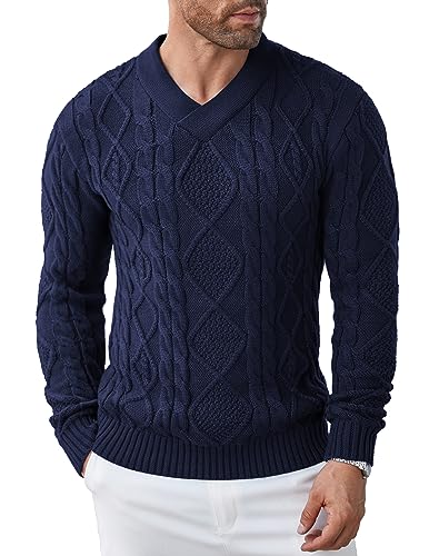 COOFANDY Herren Pullover Slim Fit V-Ausschnitt Zopfmuster Baumwolle Strickpullover Langarm Feinstrick Winterpullover Navy blau XXL von COOFANDY