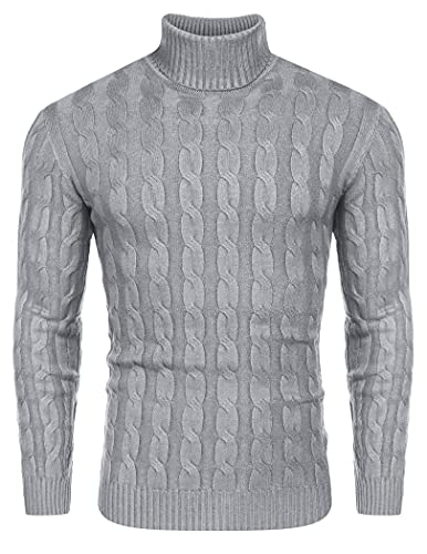 COOFANDY Herren Pullover Slim fit Rollkragenpullover Feinstrick Warm Sweater Zopf Männer Langarmshirt Roll Neck Sweatshirt Grau XXL von COOFANDY