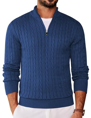 COOFANDY Herren Pullover Stehkragen Strickpullover Sweatshirt Half Zip Langarm Sweater Winter Warm Rollkragen Pullover Freizeit Blau XL von COOFANDY