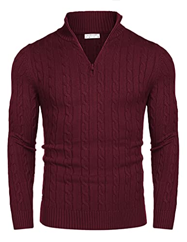 COOFANDY Herren Pullover Stehkragen Strickpullover Sweatshirt Half Zip Langarm Sweater Winter Warm Rollkragen Pullover Freizeit Weinrot L von COOFANDY