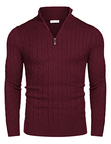 COOFANDY Herren Pullover Stehkragen Sweatshirt Half Zip Langarm Sweater Winter Warm Rollkragen Freizeit Weinrot L von COOFANDY