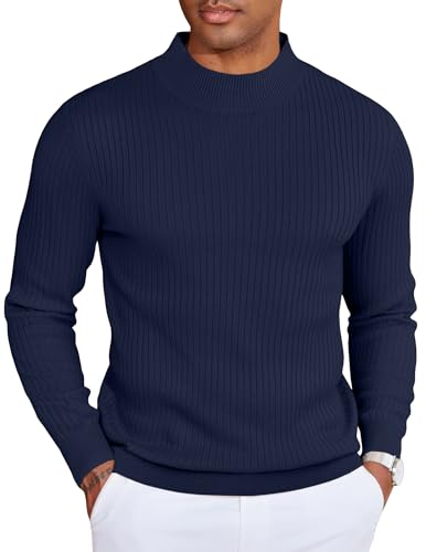 COOFANDY Herren Pullover Stehkragen Winterpullover Gerippter Rollkragenpullover Warm Strickpulli Ribbed Mock Neck Sweater Dunkelblau XL von COOFANDY