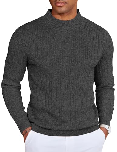 COOFANDY Herren Pullover Stehkragen Winterpullover Gerippter Rollkragenpullover Warm Strickpulli Ribbed Mock Neck Sweater Dunkelgrau L von COOFANDY
