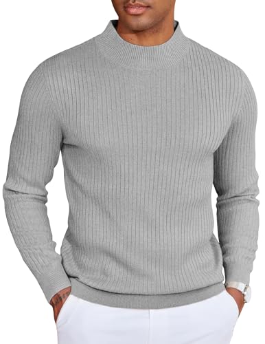 COOFANDY Herren Pullover Stehkragen Winterpullover Gerippter Rollkragenpullover Warm Strickpulli Ribbed Mock Neck Sweater Grau L von COOFANDY