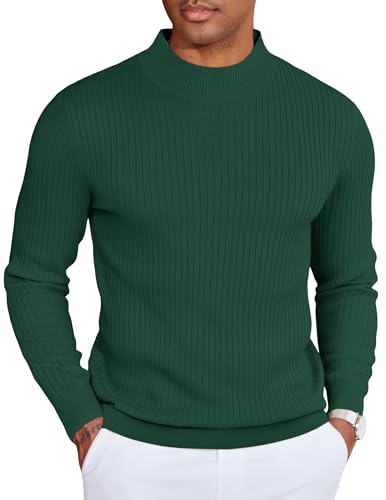 COOFANDY Herren Pullover Stehkragen Winterpullover Gerippter Rollkragenpullover Warm Strickpulli Ribbed Mock Neck Sweater Grün S von COOFANDY
