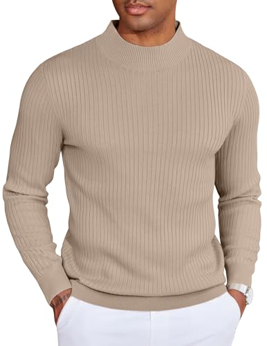 COOFANDY Herren Pullover Stehkragen Winterpullover Gerippter Rollkragenpullover Warm Strickpulli Ribbed Mock Neck Sweater Khaki L von COOFANDY