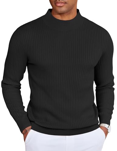 COOFANDY Herren Pullover Stehkragen Winterpullover Gerippter Rollkragenpullover Warm Strickpulli Ribbed Mock Neck Sweater Schwarz L von COOFANDY