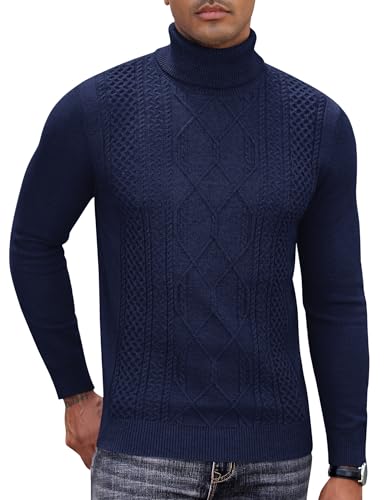 COOFANDY Herren Pullover Strick Rollkragenpullover Slim Fit Strickpullover Zopfmuster Dicker Winterpullover Business Herrenpullover Langarm Pulli Navy Blau S von COOFANDY