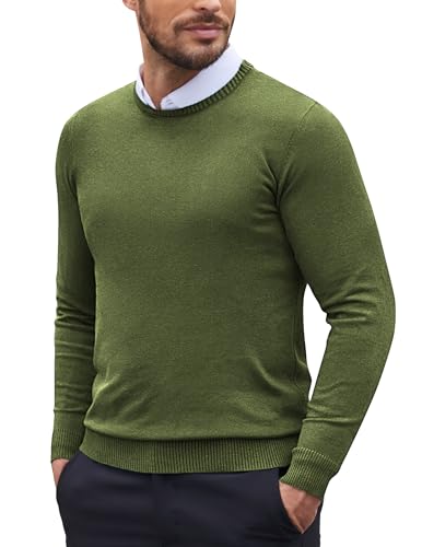 COOFANDY Herren Pullover Strickpullover Langarm Rundhals Pullover Business Pullover Leichte Feinstrick Pullover Winterpullover Pulli Slim Fit Sweater Armee Grün XL von COOFANDY