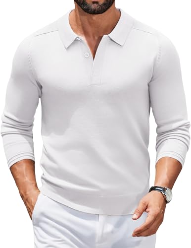 COOFANDY Herren Pullover Strickpullover Polo Pullover Strick Poloshirt Langarm Herrenpullover mit Polokragen Business Sweater Winterpullover mit Hemdkragen Pulli Polohemd Sweater Weiß L von COOFANDY