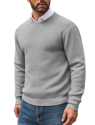 COOFANDY Herren Pullover Strickpullover mit Rundhals Langarm Feinstrick Waffelstruktur Pulli Freizeit Slim fit Winterpullover Hellgrau XXL von COOFANDY
