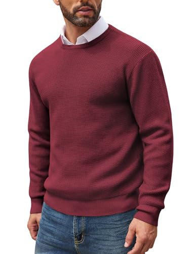 COOFANDY Herren Pullover Strickpullover mit Rundhalsausschnitt Langarm Waffel Sweatshirt Freizeit Slim fit Feinstrick Winterpullover Weinrot S von COOFANDY