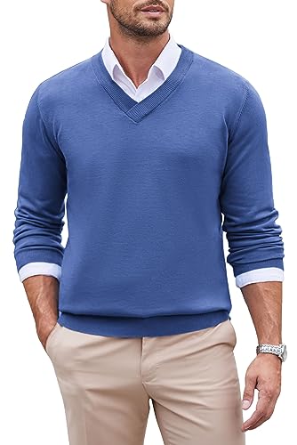 COOFANDY Herren Pullover Strickpullover mit V-Ausschnitt Langarm Slim Fit Feinstrick Freizeitpullover Winter Warmer Pullover Basic Strickpulli Himmelblau S von COOFANDY