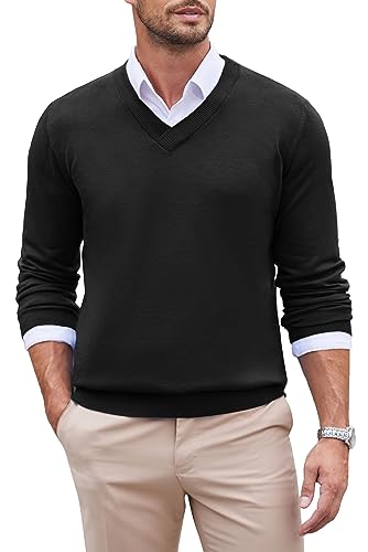 COOFANDY Herren Pullover Strickpullover mit V-Ausschnitt Langarm Regular Fit Feinstrick Freizeitpullover Winter Warmer Pullover Basic Strickpulli Schwarz S von COOFANDY