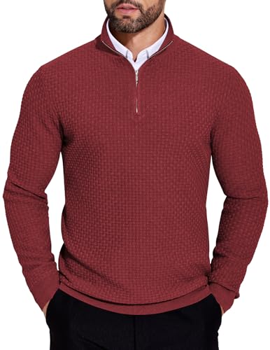 COOFANDY Herren Pullover Troyer Arbeitspullover Winter Strick Winterpullover Warm Longsleeve Rollkragenpullover Mit Reißverschluss Leichter Turtleneck Pulli Weinrot XL von COOFANDY