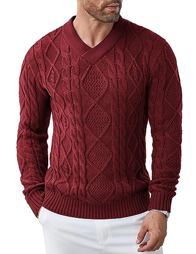 COOFANDY Herren Pullover V-Ausschnitt Baumwolle Strickpullover Langarm Freizeit Winter Pullover Weinrot M von COOFANDY