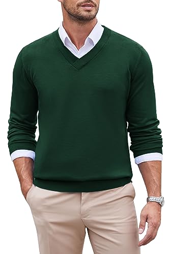 COOFANDY Herren Pullover V Ausschnitt Fein Strickpullover Regular Fit Sweater Business Pullover Pulli Einfarbig Basic Leicht Grün S von COOFANDY