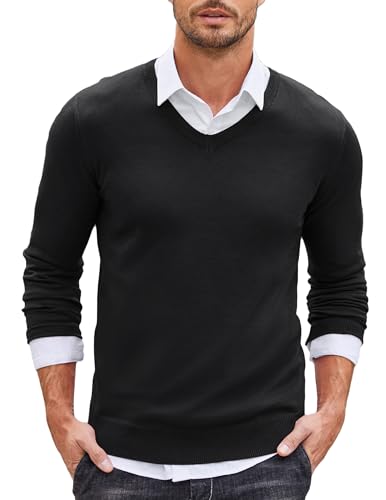 COOFANDY Herren Pullover V Ausschnitt Slim Fit Feinstrick Schmale Passform Pullover mit Hemdkragen Herren Schwarz XXL von COOFANDY