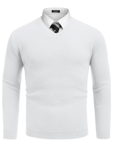 COOFANDY Herren Pullover V Ausschnitt Langarm Strickpullover Männer Winterpullover V Neck Pulli Business Sweatershirt Weiß XL von COOFANDY