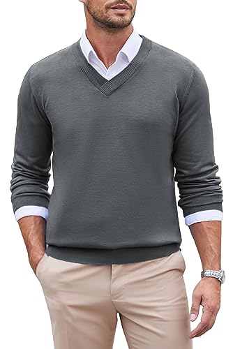 COOFANDY Herren Pullover V Ausschnitt Strickpullover Regular Fit Feinstrick Langarmshirt Casual Business Sweater Winter Pullover Einfarbig Basic Grau XXL von COOFANDY