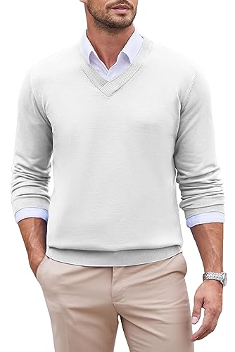 COOFANDY Herren Pullover V Ausschnitt Strickpullover Regular Fit Langarm Feinstrick Casual Business Pullover Winterpullover Warmer Sweater Einfarbig Weiss M von COOFANDY