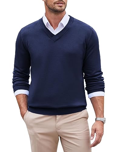 COOFANDY Herren Pullover V Ausschnitt Strickpullover Feinstrick Pulli Regular Fit Casual Business Pullover Männer Langarm Winter Sweater Einfarbig Basic Navy blau S von COOFANDY