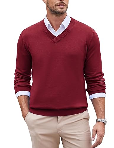 COOFANDY Herren Pullover V Ausschnitt Sweater Pulli Strickpullover Slim Fit Business Casual Pullover Langarm Winter Strickpulli Feinstrickpullover Weinrot L von COOFANDY