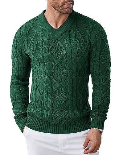 COOFANDY Herren Pullover V-Ausschnitt Warm Slim Fit Pullover Strickpullover mit Zopfmuster Winter Modischer Pullover Herren Grün M von COOFANDY