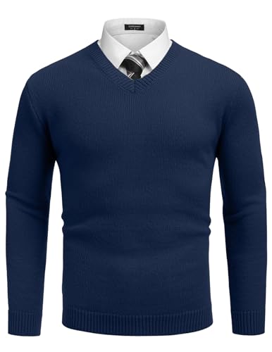 COOFANDY Herren Pullover V Ausschnitt Langarm Strickpullover Männer Winterpullover V Neck Pulli Business Sweatershirt Navy Blau XL von COOFANDY