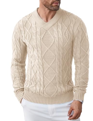COOFANDY Herren Pullover V-Ausschnitt klassischer Zopfmuster Pullover Lässige Designer Pullover für Männer Hautfarbe XXXL von COOFANDY