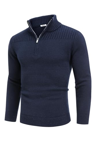 COOFANDY Herren Pullover Viertel Zip Langarm Strickpullover Casual Freizeit Arbeitspullover mit Rollkragen Warm Winterpullover Basic Pulli Navy Blau XXXL von COOFANDY