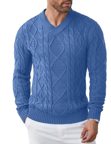 COOFANDY Herren Pullover Warmer Pullover mit V-Ausschnitt und Zopfmuster Lässiger Slim Fit Sweater Blau M von COOFANDY