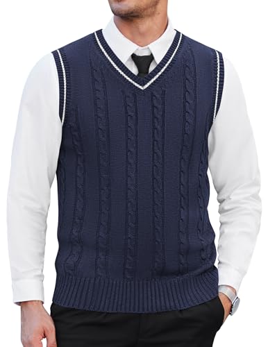 COOFANDY Herren Pullover Weste V-Ausschnitt Slim Fit Casual Ärmellos Twisted Strickpullover Sweater, Marineblau, Mittel von COOFANDY