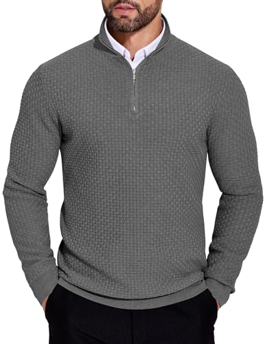 COOFANDY Herren Pullover Half Zip Winterpullover Warm Männer Stehkragen Herrenpullover Langarm Business Casual Arbeits Sweatshirt Ohne Kapuze Dunkelgrau L von COOFANDY