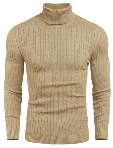 COOFANDY Herren Pullover Winter Langarm Feinstrick Rollkragenpullover Freizeit Slim fit Einfarbig Strickpullover Khaki XXL von COOFANDY