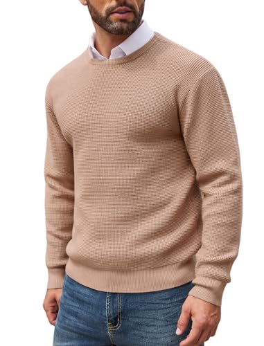 COOFANDY Herren Pullover Winter Modern Strickpullover Waffle Ohne Kapuze Sweatshirt mit Rundhalsausschnitt Winterpullover Helles Khaki XXL von COOFANDY