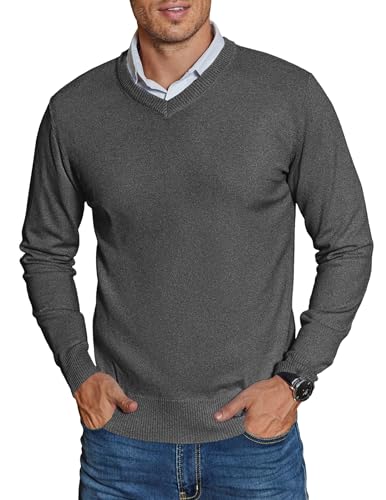 COOFANDY Herren Pullover Winter Strickpullover Arbeitspullover V Neck Sweater Basic Solid Pullover Regular Fit Pulli Dunkelgrau XL von COOFANDY