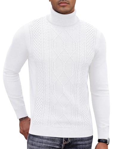 COOFANDY Herren Pullover Winter Strickpullover Rollkragenpullover Slim Fit Zopfmuster Herrenpullover Langarm Pulli Ohne Kapuze Sweatshirt Weiß M von COOFANDY